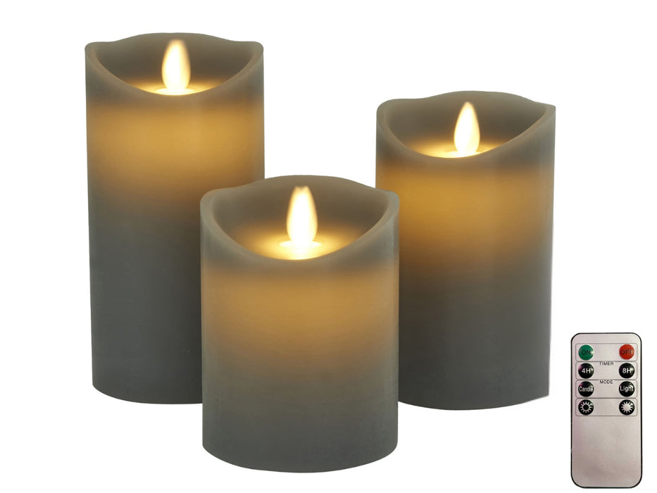 KI-generiertes Bild,3D LED Echtwachs Stumpenkerze Grau 3´er Set Fernbedienung Timer flammenlose Kerze