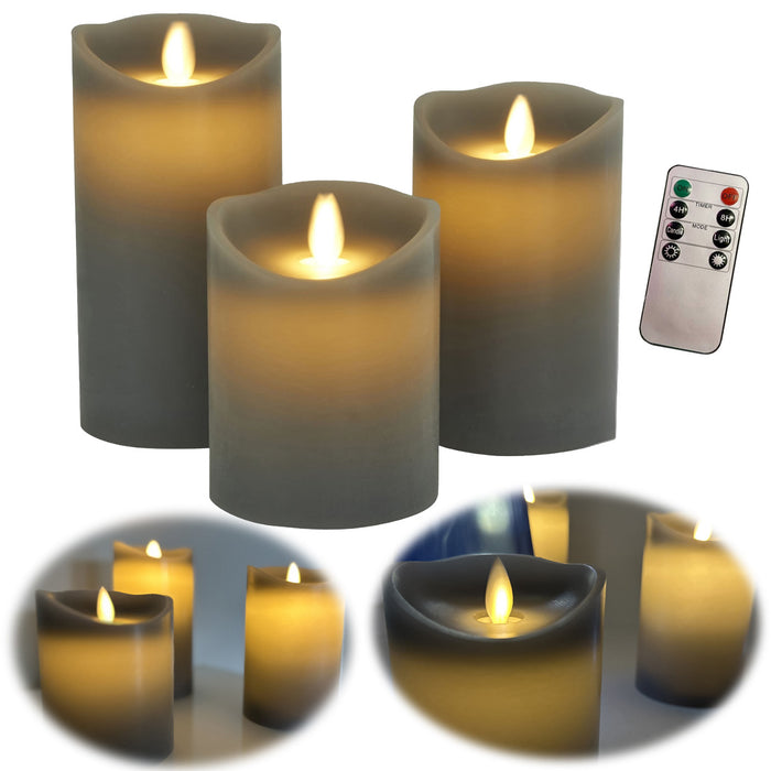KI-generiertes Bild 3D LED Echtwachs Stumpenkerze Grau 3´er Set Fernbedienung Timer flammenlose Kerze
