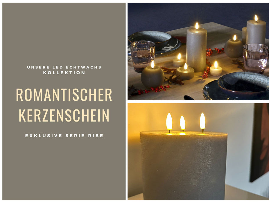 KI-generiertes Bild,LED 3D Stumpenkerze Ribe Grau 15x15cm Dreidocht Echtwachs flackernde flammenlose Kerze