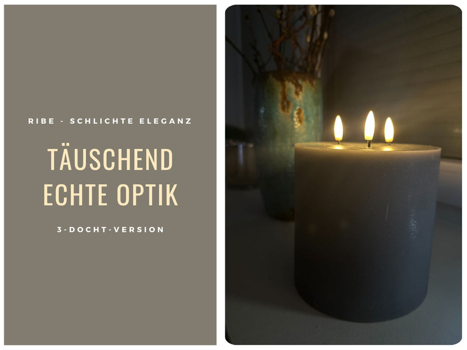 KI-generiertes Bild,LED 3D Stumpenkerze Ribe Grau 15x15cm Dreidocht Echtwachs flackernde flammenlose Kerze