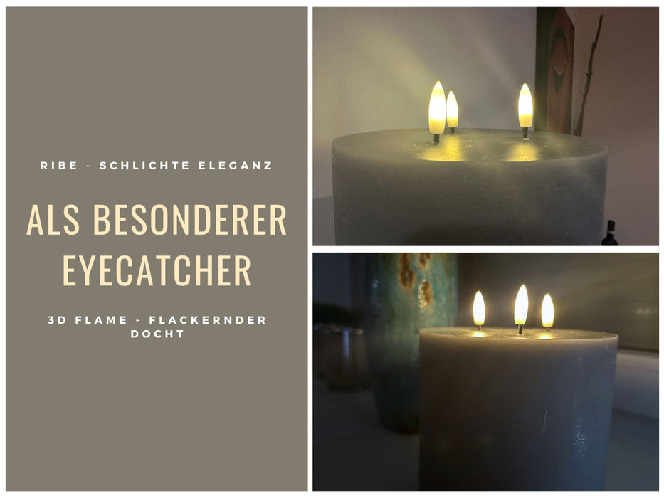 KI-generiertes Bild,LED 3D Stumpenkerze Ribe Grau 15x15cm Dreidocht Echtwachs flackernde flammenlose Kerze