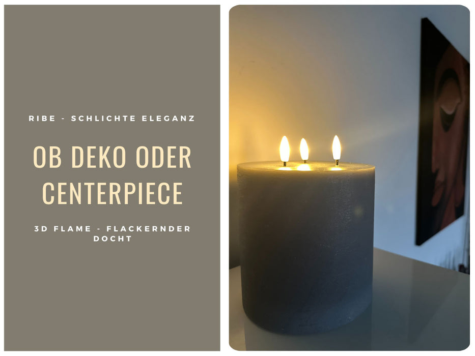 KI-generiertes Bild,LED 3D Stumpenkerze Ribe Grau 15x15cm Dreidocht Echtwachs flackernde flammenlose Kerze