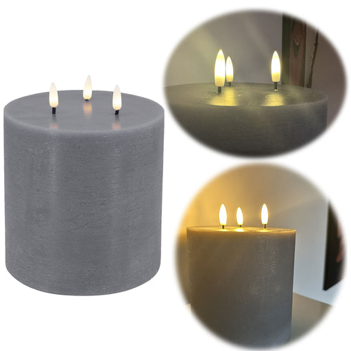 KI-generiertes Bild LED 3D Stumpenkerze Ribe Grau 15x15cm Dreidocht Echtwachs flackernde flammenlose Kerze