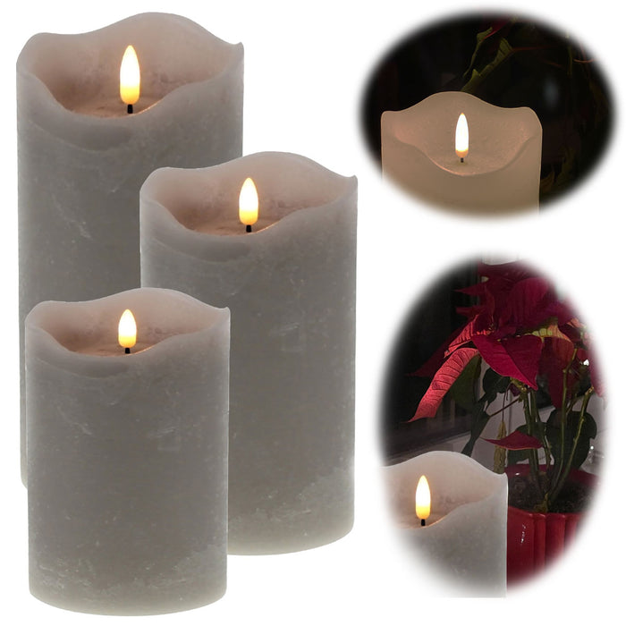 KI-generiertes Bild LED 3D Stumpenkerze Grau 3´er Set Timer Echtwachs flackernde flammenlose Kerze