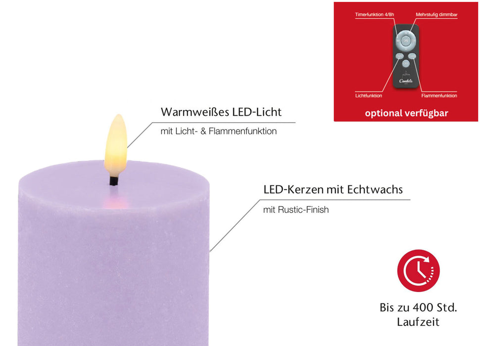 KI-generiertes Bild,LED 3D Stumpenkerze Ribe Lila 20x10cm Echtwachs flackernde flammenlose Kerze