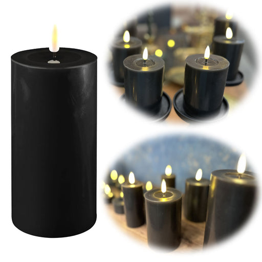 KI-generiertes Bild Real Flame 3D LED Stumpenkerze 15cm Ribe Schwarz Echtwachs flackernde Blockkerze