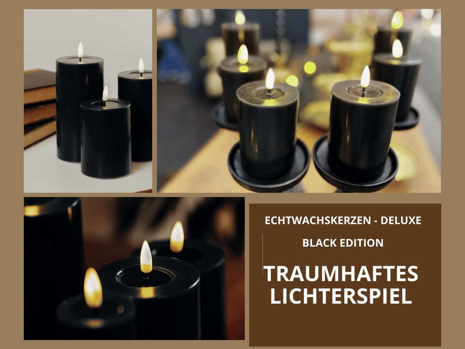 KI-generiertes Bild,Real Flame 3D LED Stumpenkerze 20cm Ribe Schwarz Echtwachs flackernde Blockkerze