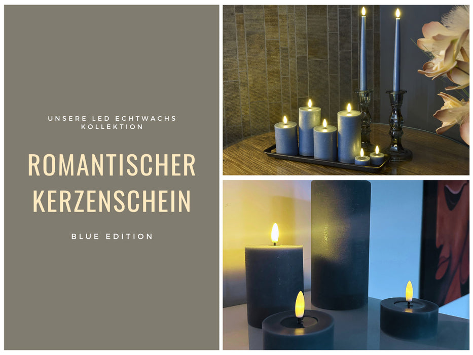 KI-generiertes Bild,2x XL LED 3D Teelichter Ribe Blau 6,8cm Echtwachs Spiegel flackernde flammenlose Kerze