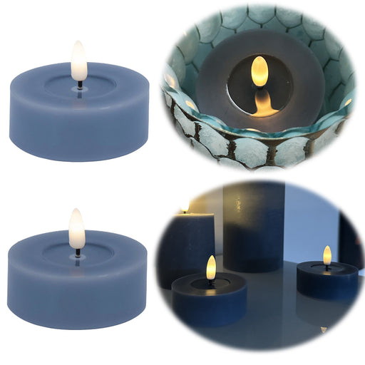 KI-generiertes Bild 2x XL LED 3D Teelichter Ribe Blau 6,8cm Echtwachs Spiegel flackernde flammenlose Kerze