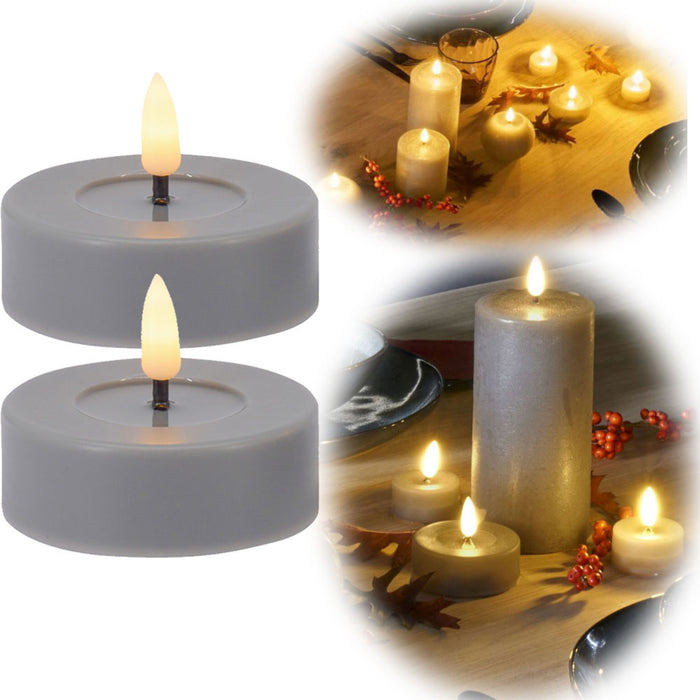 KI-generiertes Bild 2x XL LED 3D Teelichter Ribe Grau 6,8cm Echtwachs-Spiegel flackernde flammenlose Kerze