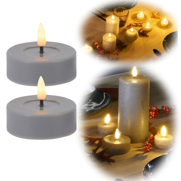 KI-generiertes Bild 2x LED 3D Teelichter Ribe Grau 4,5cm Echtwachs Spiegel flackernde flammenlose Kerze