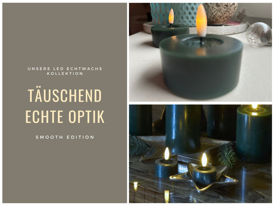 KI-generiertes Bild,2x XL LED 3D Teelichter Ribe Grün 6,8cm Echtwachs Spiegel flackernde flammenlose Kerze