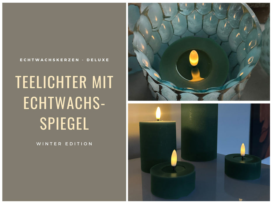KI-generiertes Bild,2x XL LED 3D Teelichter Ribe Grün 6,8cm Echtwachs Spiegel flackernde flammenlose Kerze