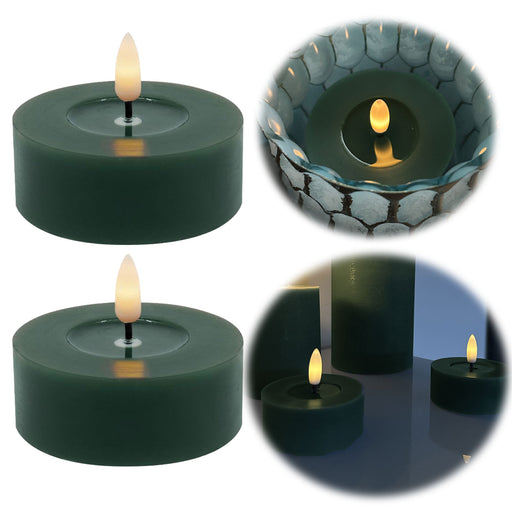 KI-generiertes Bild 2x XL LED 3D Teelichter Ribe Grün 6,8cm Echtwachs Spiegel flackernde flammenlose Kerze