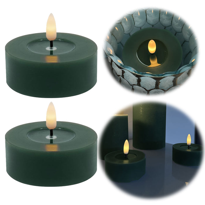 KI-generiertes Bild 2x XL LED 3D Teelichter Ribe Grün 6,8cm Echtwachs Spiegel flackernde flammenlose Kerze