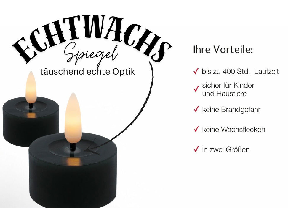 KI-generiertes Bild,2x LED 3D Teelichter Ribe Schwarz 4,5cm Echtwachs Spiegel flackernde flammenlose Kerze