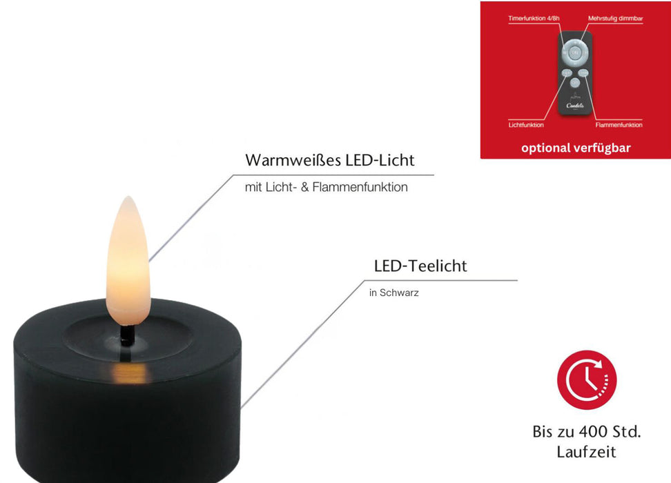 KI-generiertes Bild,2x LED 3D Teelichter Ribe Schwarz 4,5cm Echtwachs Spiegel flackernde flammenlose Kerze