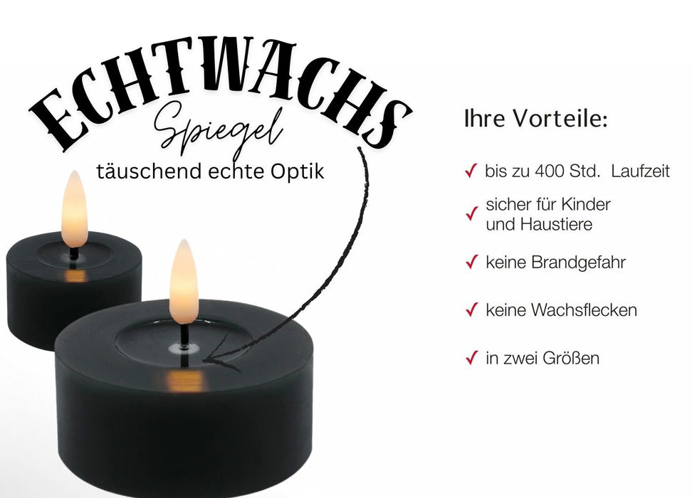 KI-generiertes Bild,2x XL LED 3D Teelichter Ribe Schwarz 6,8cm Echtwachs Spiegel flackernde flammenlose Kerze
