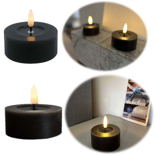 KI-generiertes Bild 2x XL LED 3D Teelichter Ribe Schwarz 6,8cm Echtwachs Spiegel flackernde flammenlose Kerze