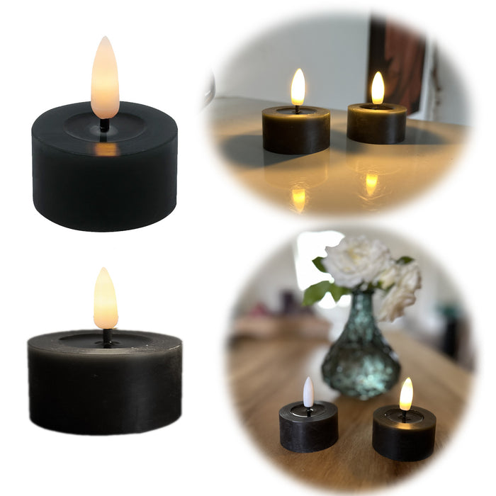 KI-generiertes Bild 2x LED 3D Teelichter Ribe Schwarz 4,5cm Echtwachs Spiegel flackernde flammenlose Kerze