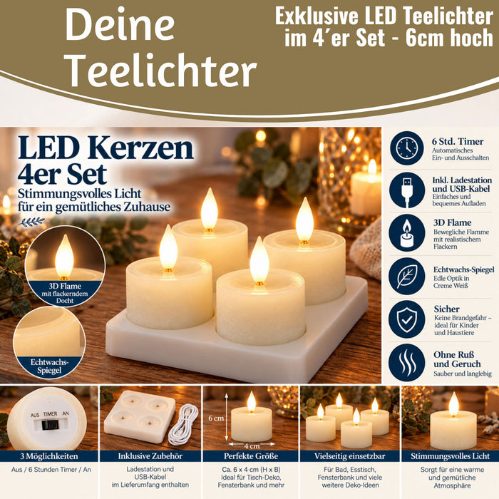 KI-generiertes Bild,USB 4x LED 3D Teelichter Ribe Creme 6cm Echtwachs Spiegel flackernde flammenlose Kerze