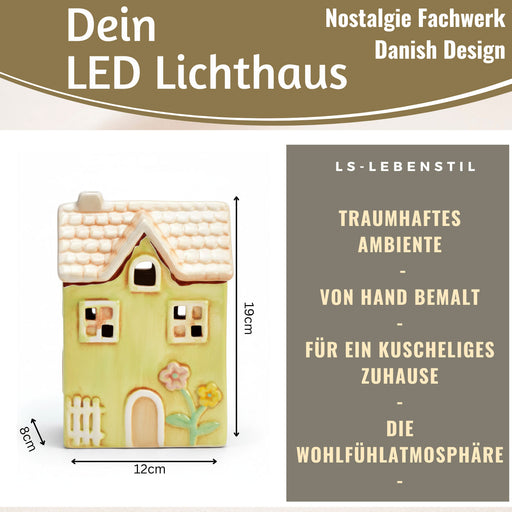 KI-generiertes Bild, LED Lichterhaus Nyhavn 19cm Gruen Keramik Fachwerkhaus Leuchthaus