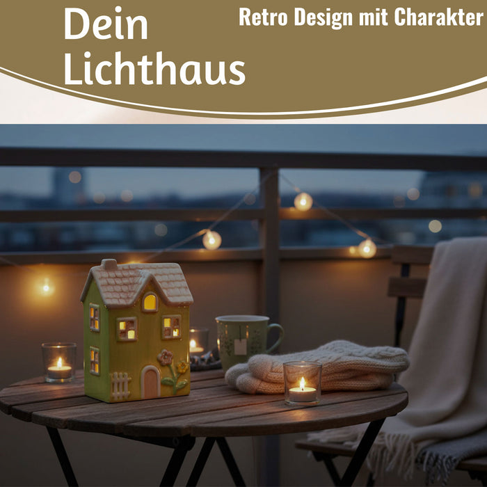 KI-generiertes Bild, LED Lichterhaus Nyhavn 19cm Gruen Keramik Fachwerkhaus Leuchthaus