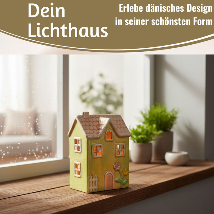 KI-generiertes Bild, LED Lichterhaus Nyhavn 19cm Gruen Keramik Fachwerkhaus Leuchthaus