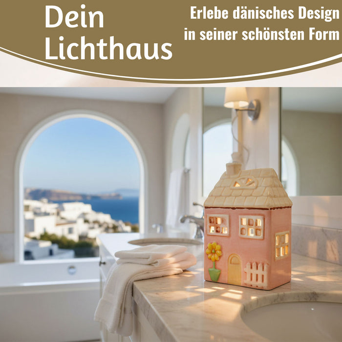 KI-generiertes Bild, LED Lichterhaus Nyhavn 19cm Rosa Keramik Fachwerkhaus Leuchthaus