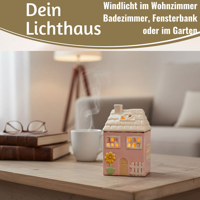 KI-generiertes Bild, LED Lichterhaus Nyhavn 19cm Rosa Keramik Fachwerkhaus Leuchthaus