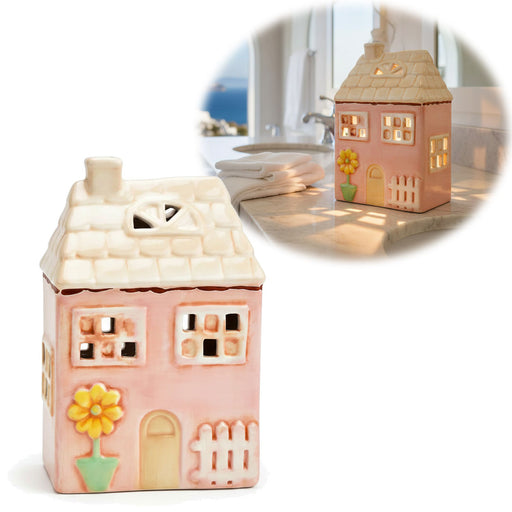 KI-generiertes Bild LED Lichterhaus Nyhavn 19cm Rosa Keramik Fachwerkhaus Leuchthaus