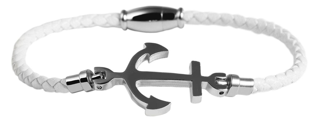 KI-generiertes Bild,Elegantes Damen Lederarmband 18cm Kampen Anker Weiß Silber geflochten Echtleder