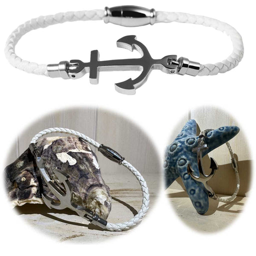 KI-generiertes Bild Elegantes Damen Lederarmband 18cm Kampen Anker Weiß Silber geflochten Echtleder