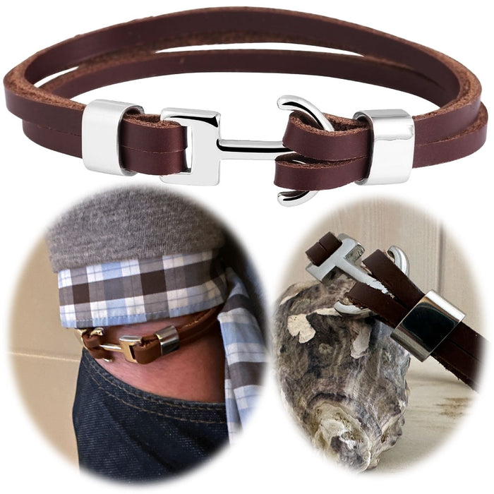 KI-generiertes Bild Elegantes Unisex Lederarmband 23cm List Zweifach Anker Braun Silber Echtleder