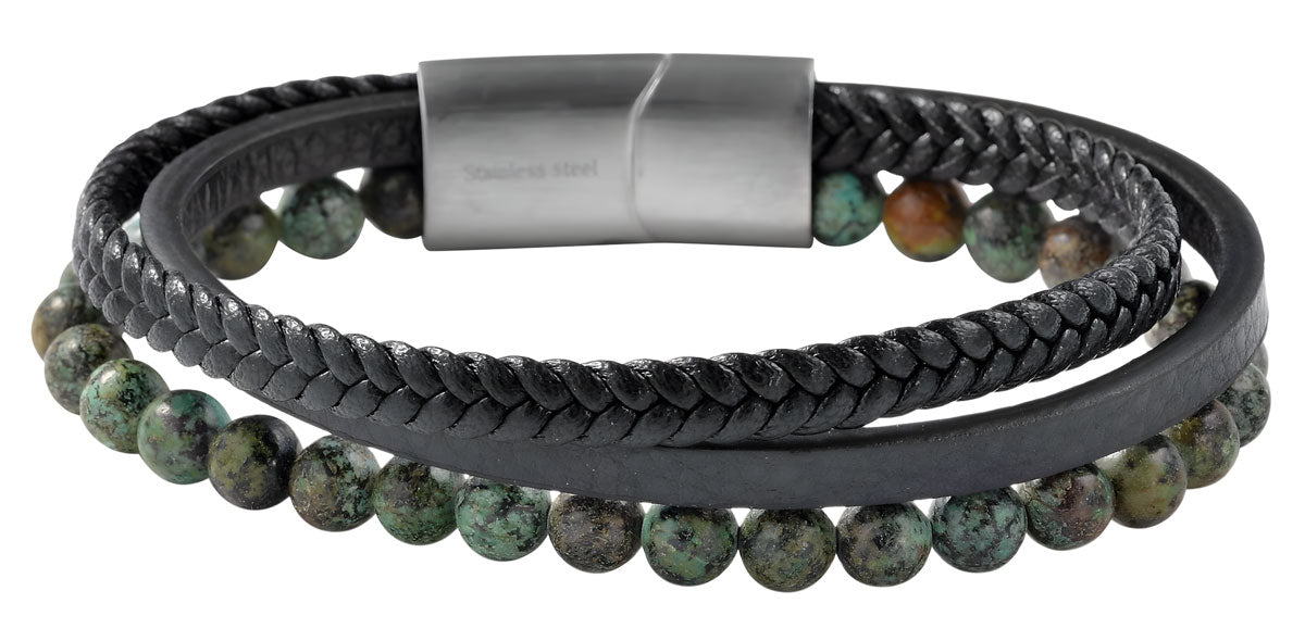 KI-generiertes Bild,Design Unisex Lederarmband 21cm Sóller Dreifach Schwarz Grün Natursteine Echtleder
