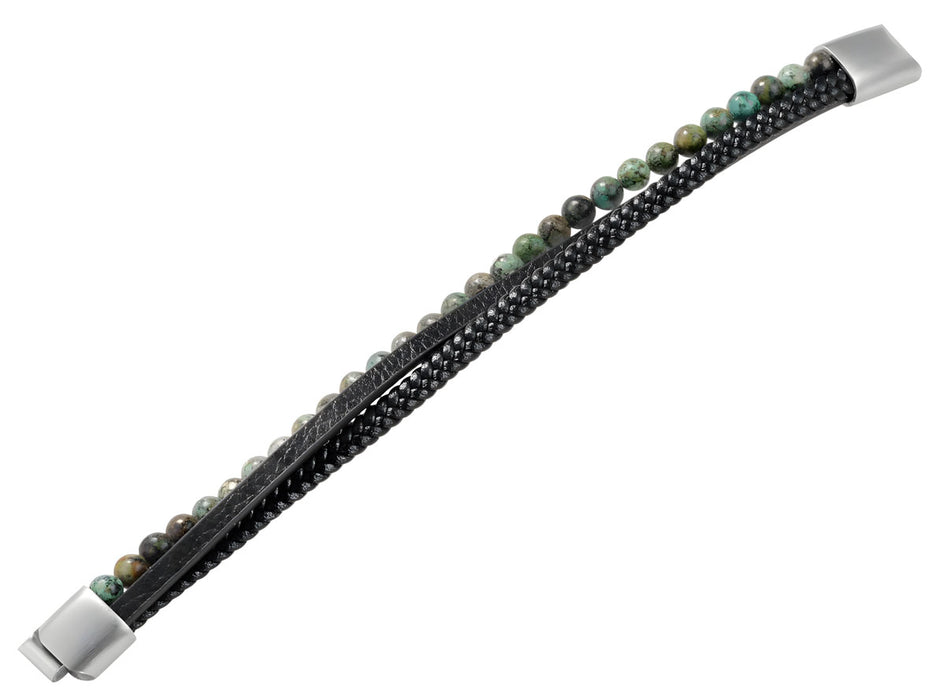 KI-generiertes Bild,Design Unisex Lederarmband 21cm Sóller Dreifach Schwarz Grün Natursteine Echtleder