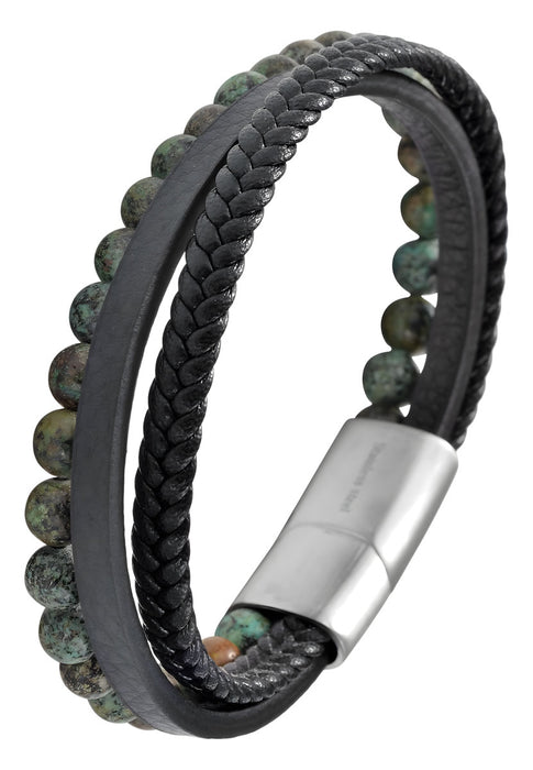 KI-generiertes Bild,Design Unisex Lederarmband 21cm Sóller Dreifach Schwarz Grün Natursteine Echtleder