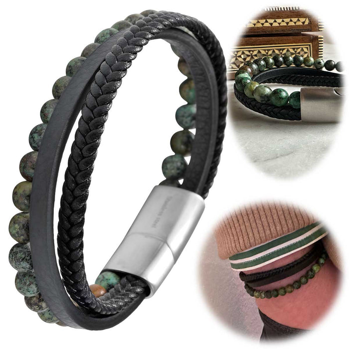 KI-generiertes Bild Design Unisex Lederarmband 21cm Sóller Dreifach Schwarz Grün Natursteine Echtleder