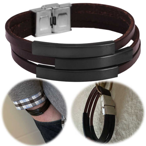 KI-generiertes Bild Elegantes Unisex Lederarmband 21cm Palma Dreifach Braun Gravurplatten Echtleder