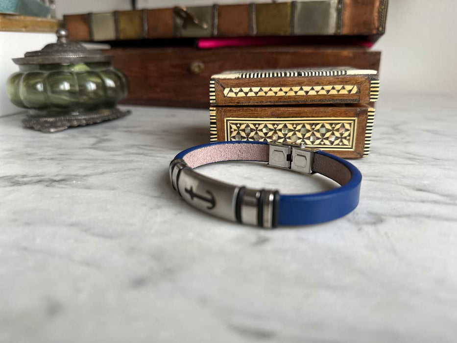 KI-generiertes Bild,Elegantes Unisex Lederarmband 21cm Sylt Anker Motiv Blau Silber Echtleder
