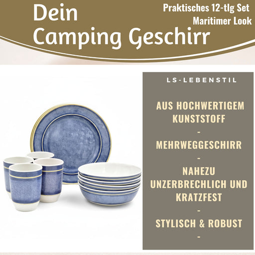 KI-generiertes Bild,Camping-Geschirr Set 12-teilig Maritim Blau Weiß 4 Personen Picknick