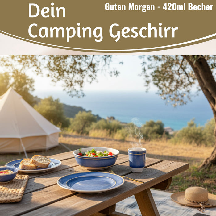 KI-generiertes Bild,Camping-Geschirr Set 12-teilig Maritim Blau Weiß 4 Personen Picknick