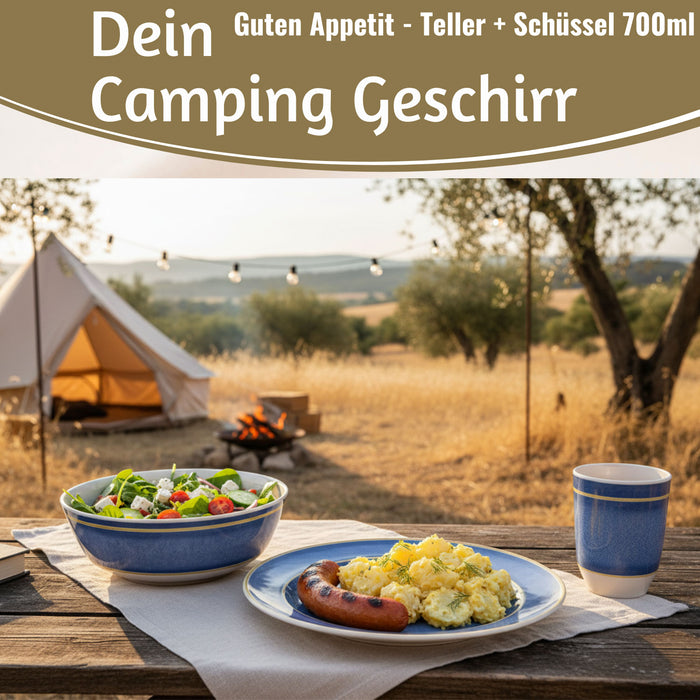 KI-generiertes Bild,Camping-Geschirr Set 12-teilig Maritim Blau Weiß 4 Personen Picknick
