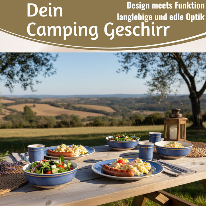 KI-generiertes Bild,Camping-Geschirr Set 12-teilig Maritim Blau Weiß 4 Personen Picknick