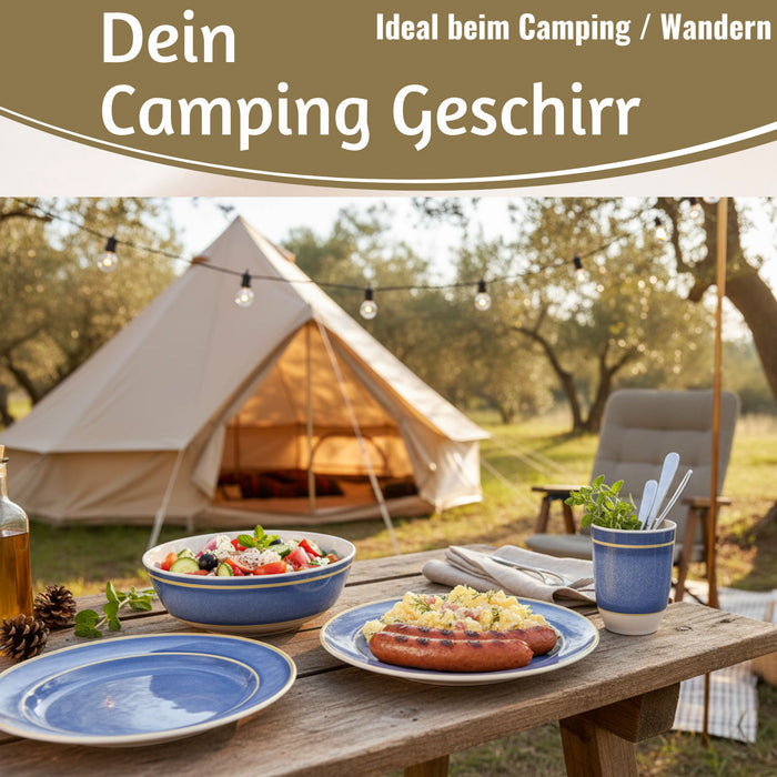 KI-generiertes Bild,Camping-Geschirr Set 12-teilig Maritim Blau Weiß 4 Personen Picknick