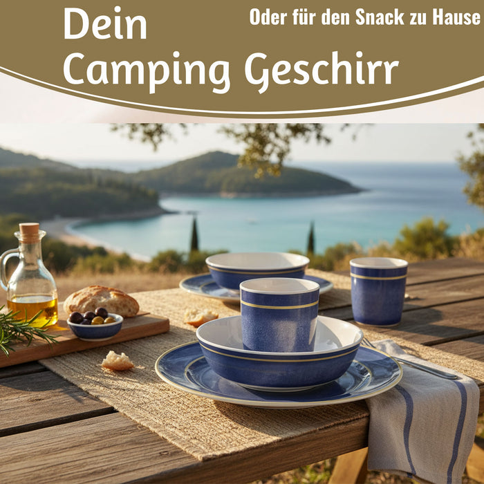 KI-generiertes Bild,Camping-Geschirr Set 12-teilig Maritim Blau Weiß 4 Personen Picknick