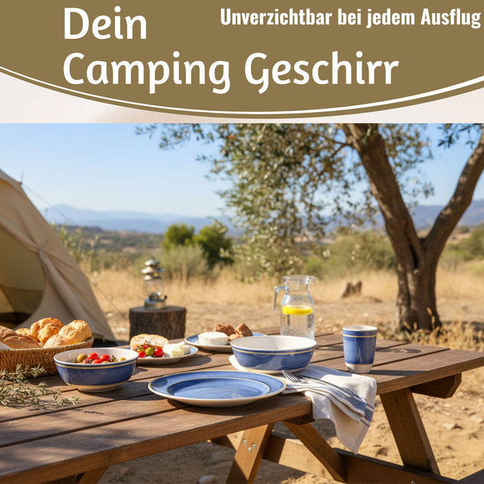 KI-generiertes Bild,Camping-Geschirr Set 12-teilig Maritim Blau Weiß 4 Personen Picknick