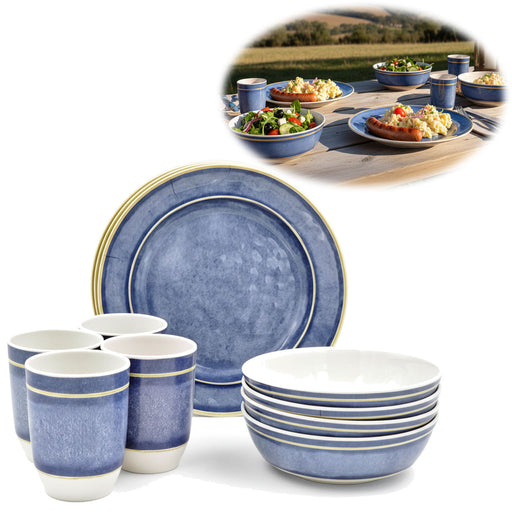 KI-generiertes Bild Camping-Geschirr Set 12-teilig Maritim Blau Weiß 4 Personen Picknick