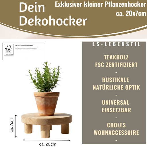 KI-generiertes Bild,Pflanzenhocker Teak Holz 20x7cm Rund Mini Tisch Deko Tablett Blumenständer