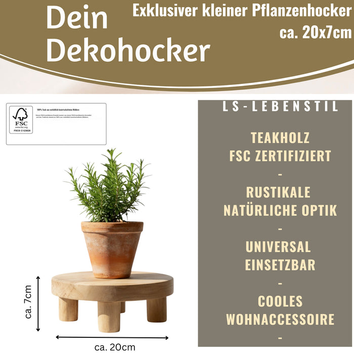 KI-generiertes Bild,Pflanzenhocker Teak Holz 20x7cm Rund Mini Tisch Deko Tablett Blumenständer